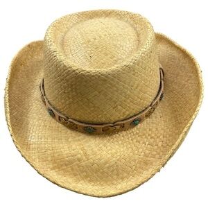 Fiesta Women’s Straw with Leather Band with Turquoise Beaded Cowboy‎ Hat Sz XL